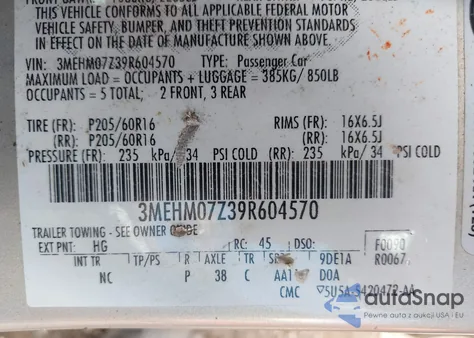 2009 Mercury Milan I4 from USA, damaged, VIN 3MEHM07Z39R604570